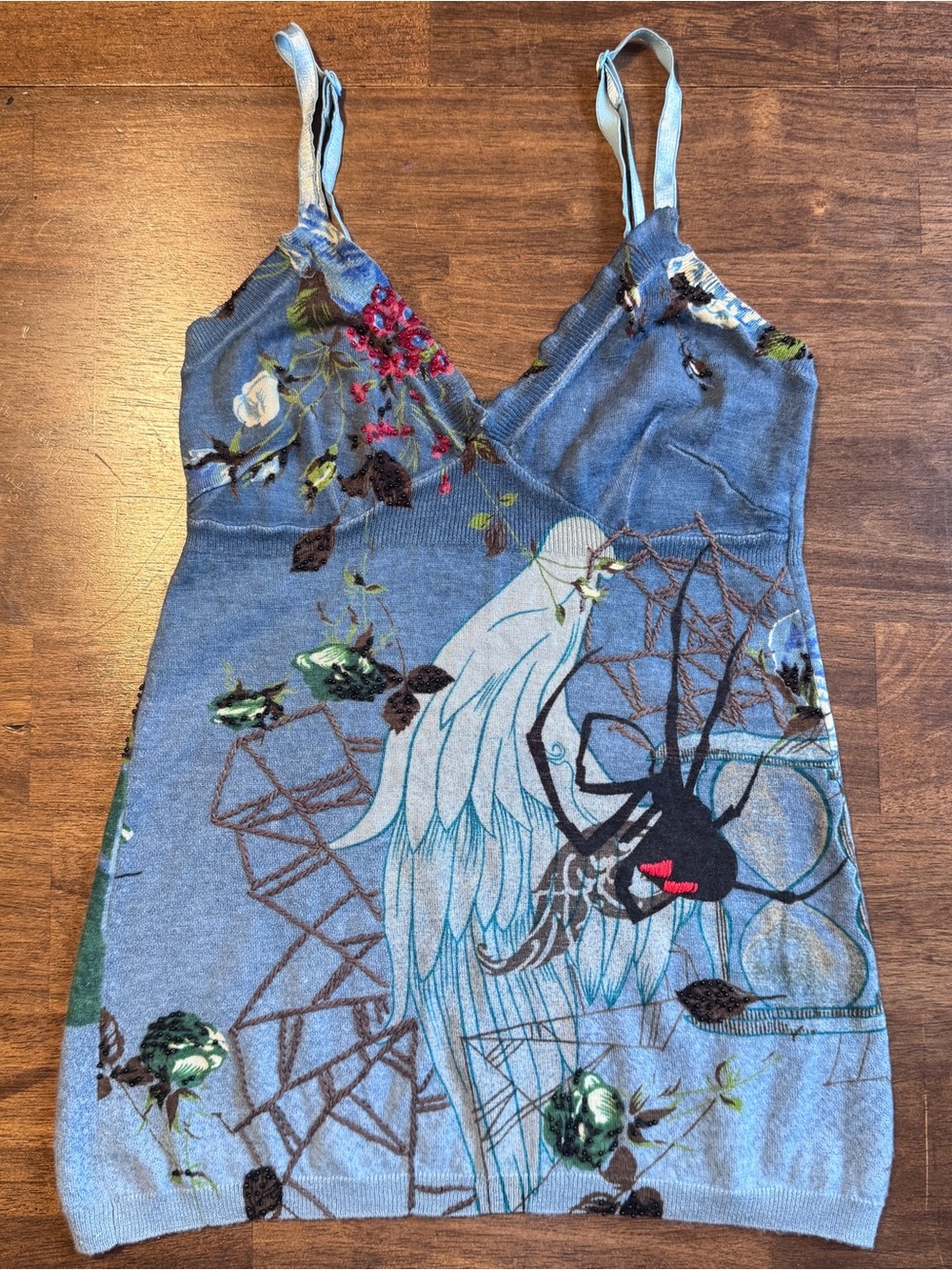 Vtg RAW 7 Cashmere Knit Cami Tank  S Blue Spider Web Gothic Fairycore Y2K Rare